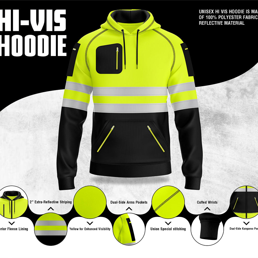 Hi-vis hoodie with reflective material on a white background