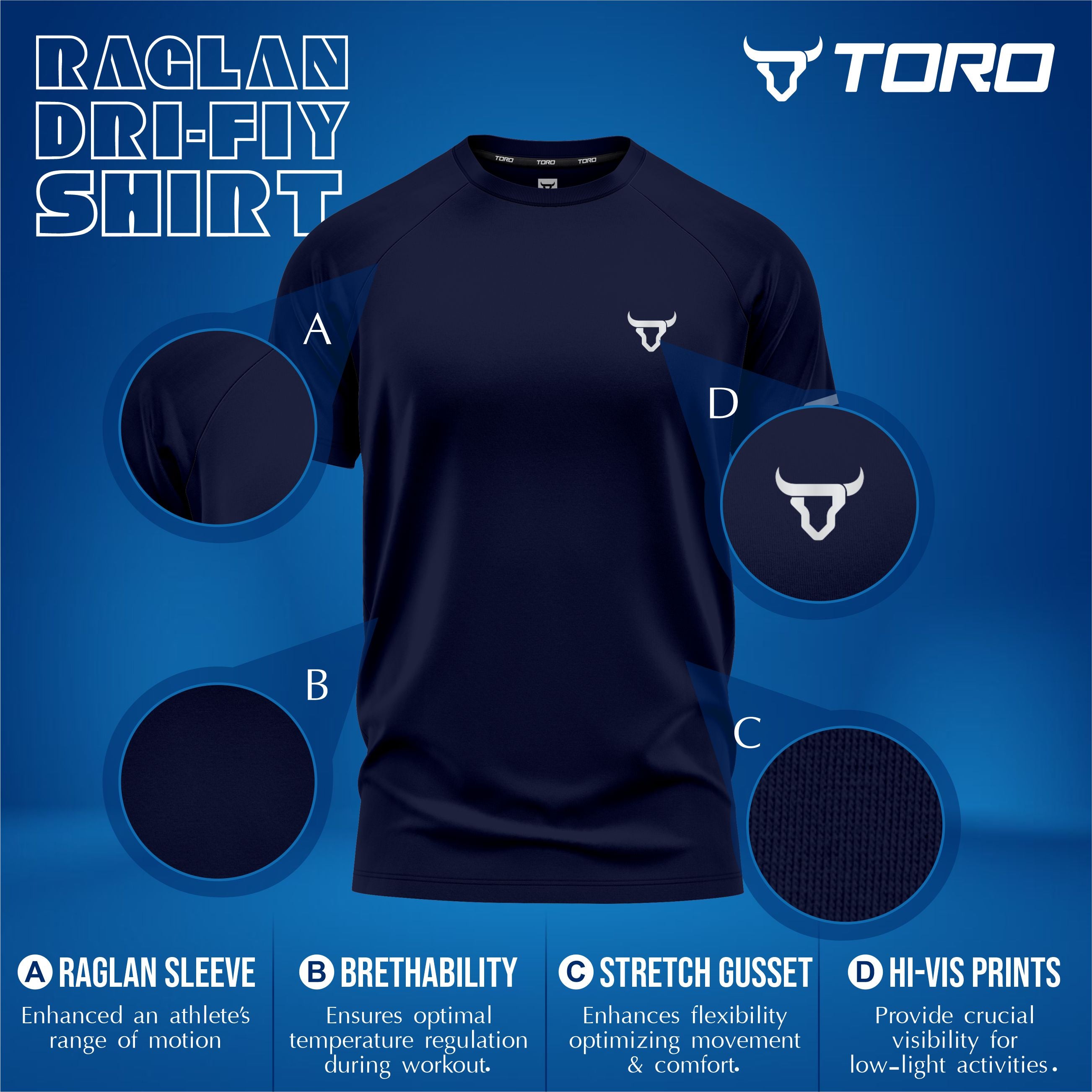 Toro Activa Men Short Sleeve T-Shirts Workout Navy Blue