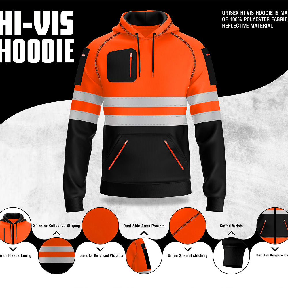 Orange and black high-visibility hoodie with reflective stripes on a white background