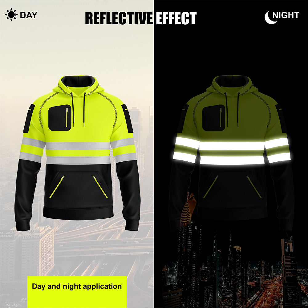 Reflective hoodie shown in day and night settings with text indicating 'Day and night application'.