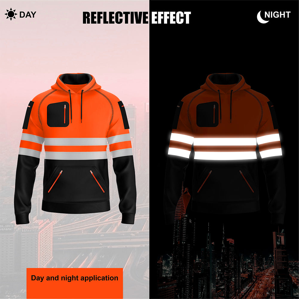 Reflective safety hoodie shown with day and night effects on a cityscape background.