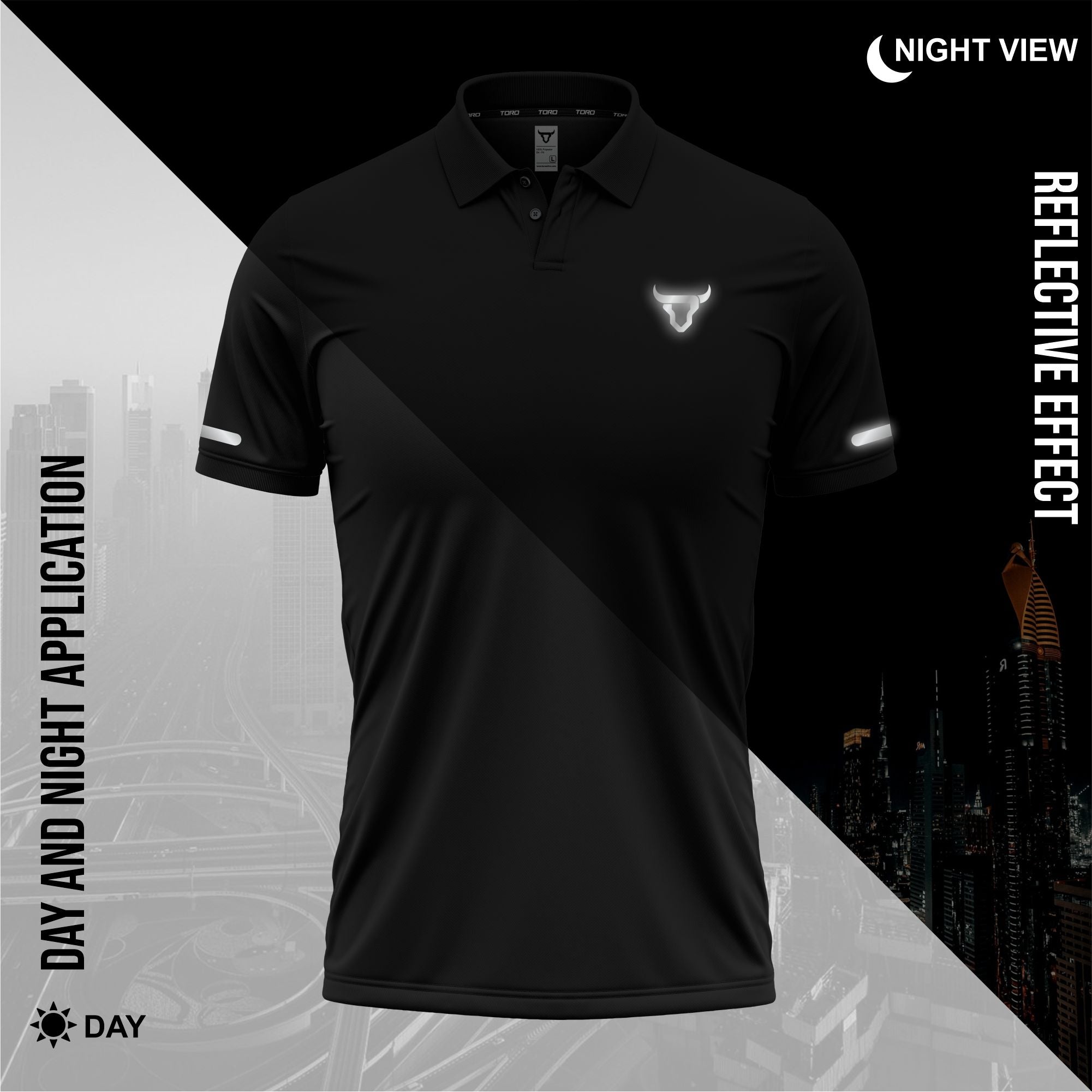 Black polo shirt with reflective design on a cityscape background