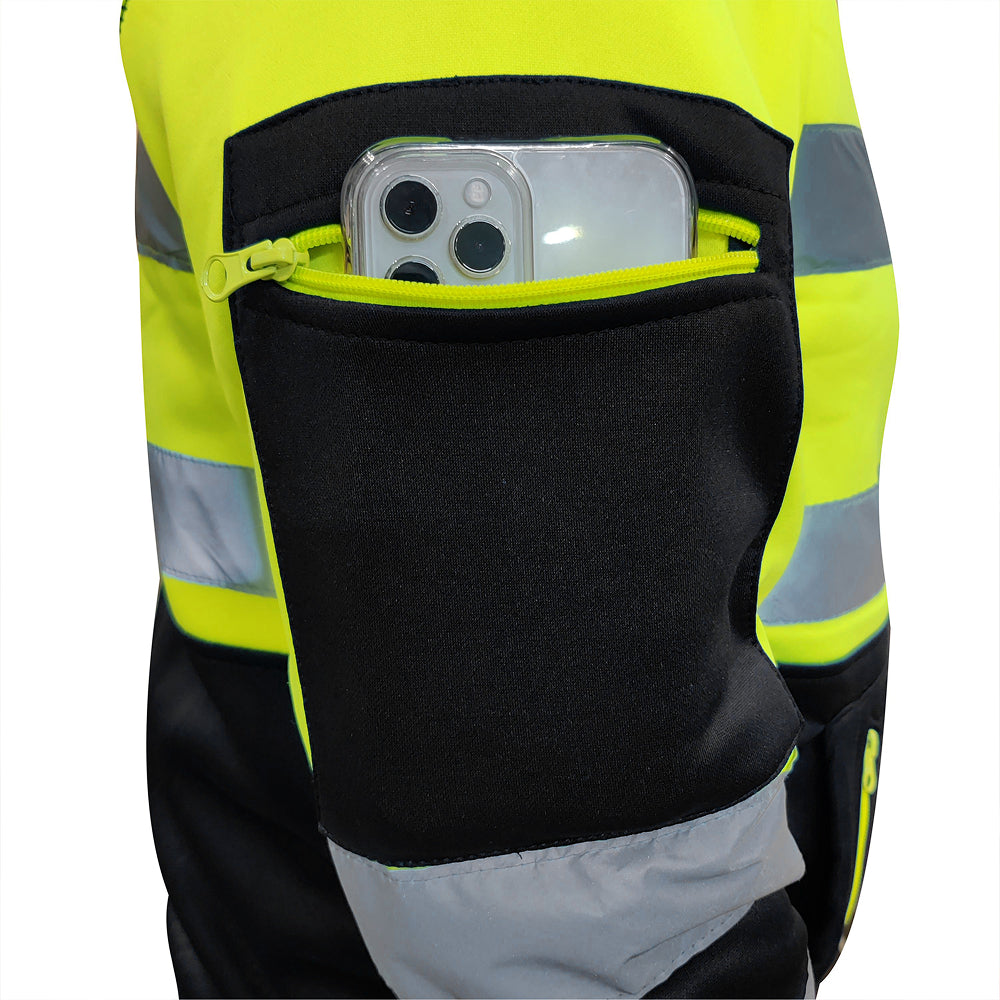 High-visibility safety vest with a phone pocket containing a smartphone.