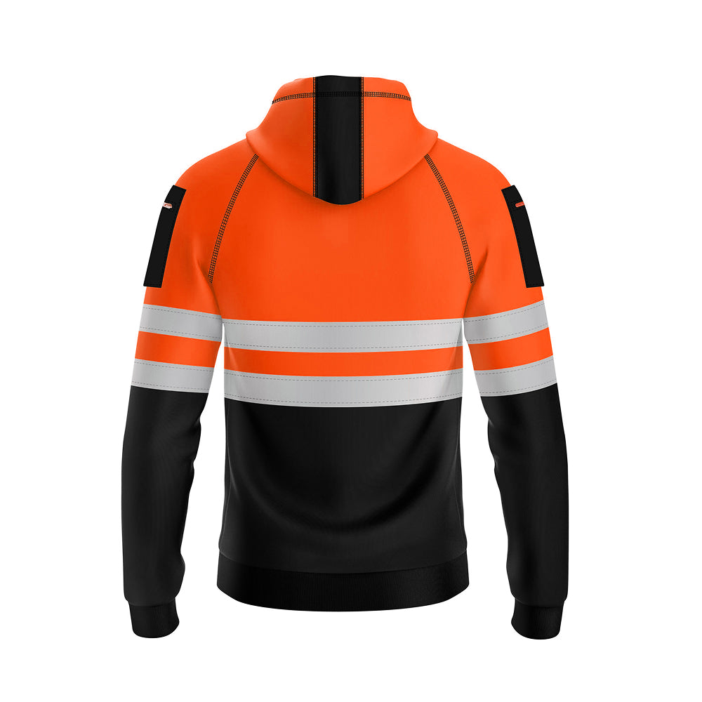 Orange and black hoodie with reflective stripes on a white background
