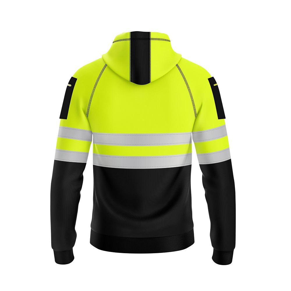 High-visibility hoodie with reflective stripes on a white background