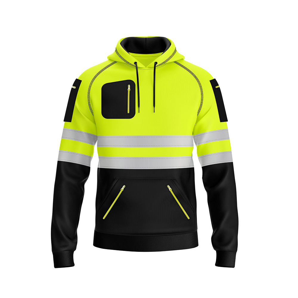 High-visibility hoodie with reflective stripes on a white background