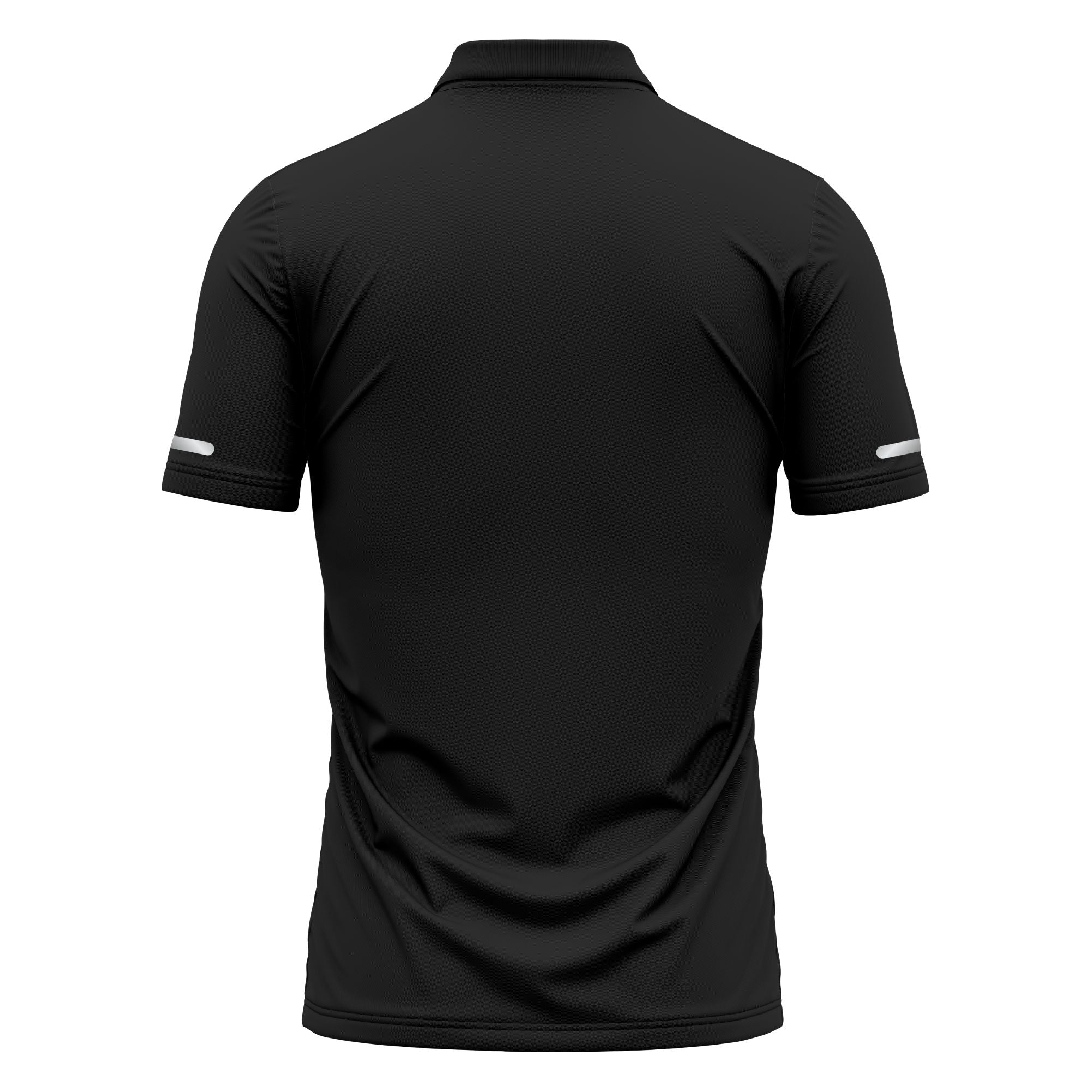 Black polo shirt with white accents on a white background