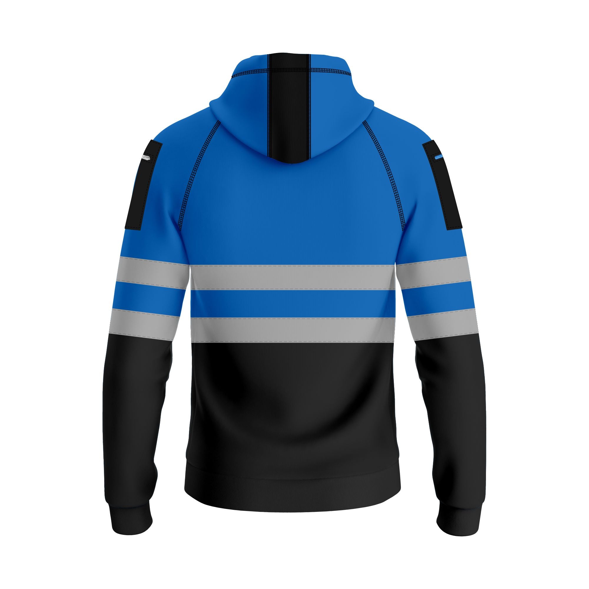 Blue and black hoodie with reflective stripes on a white background