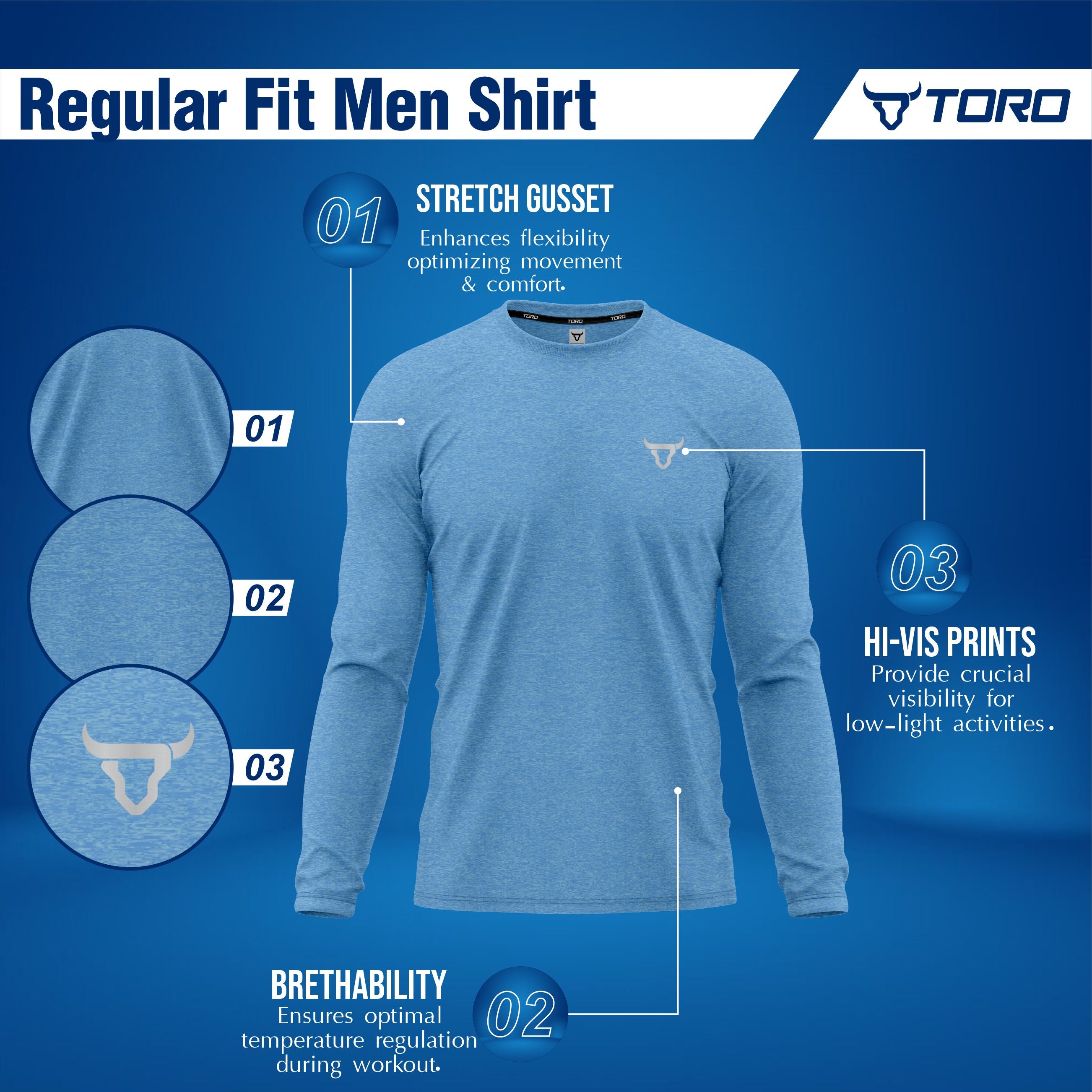 Toro Activa Mens Full Sleeve Dry-fit Shirt CBlue