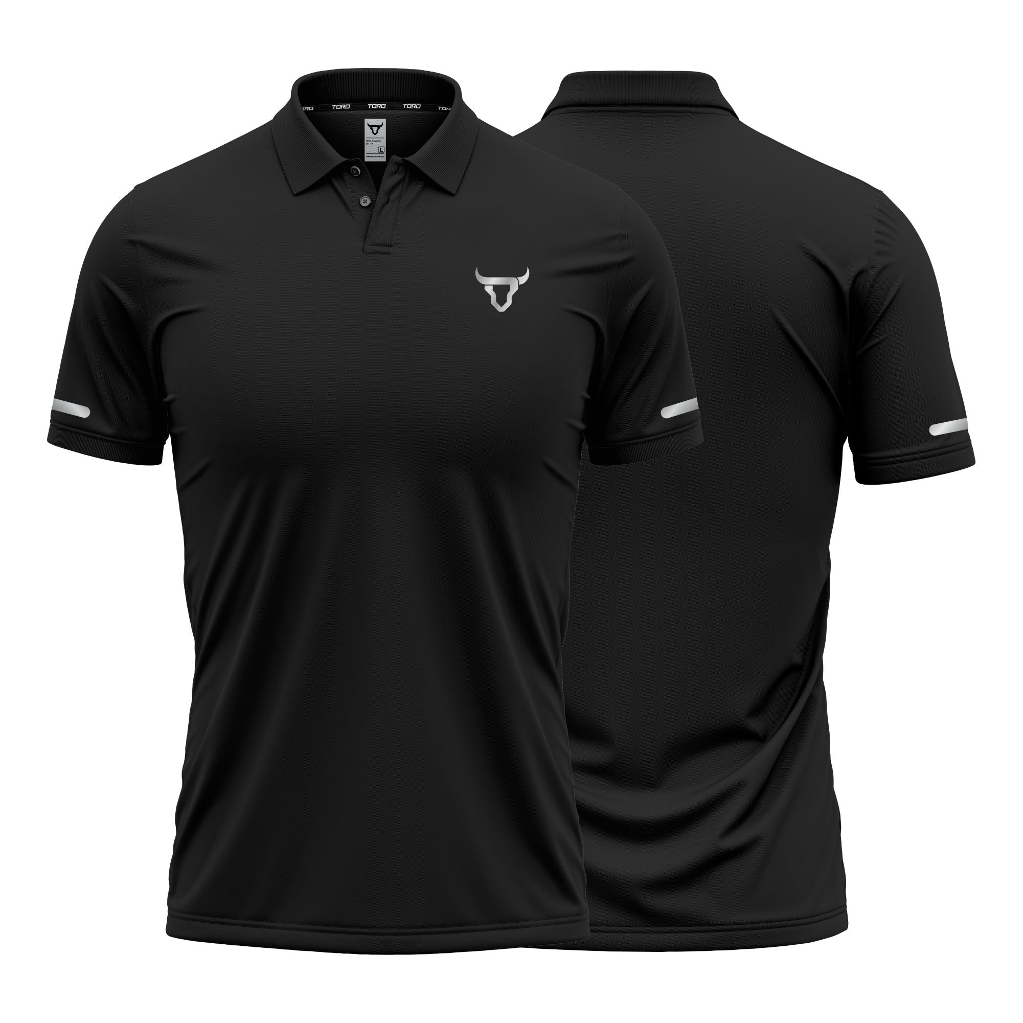 Black polo shirt with a logo on a white background