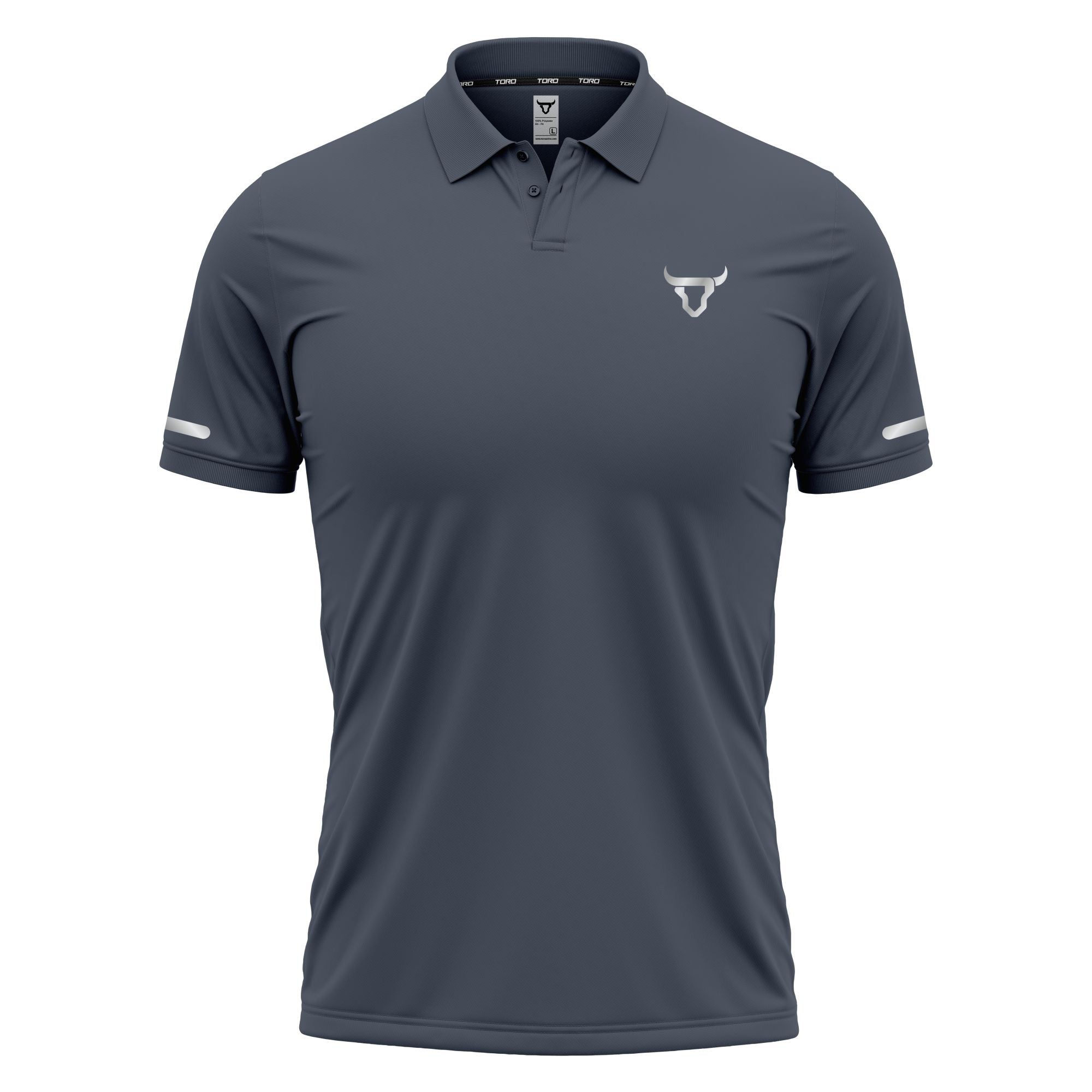 Gray polo shirt with a logo on a white background
