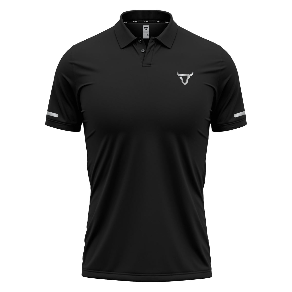 Black polo shirt with white accents on a white background