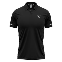 Black polo shirt with white accents on a white background