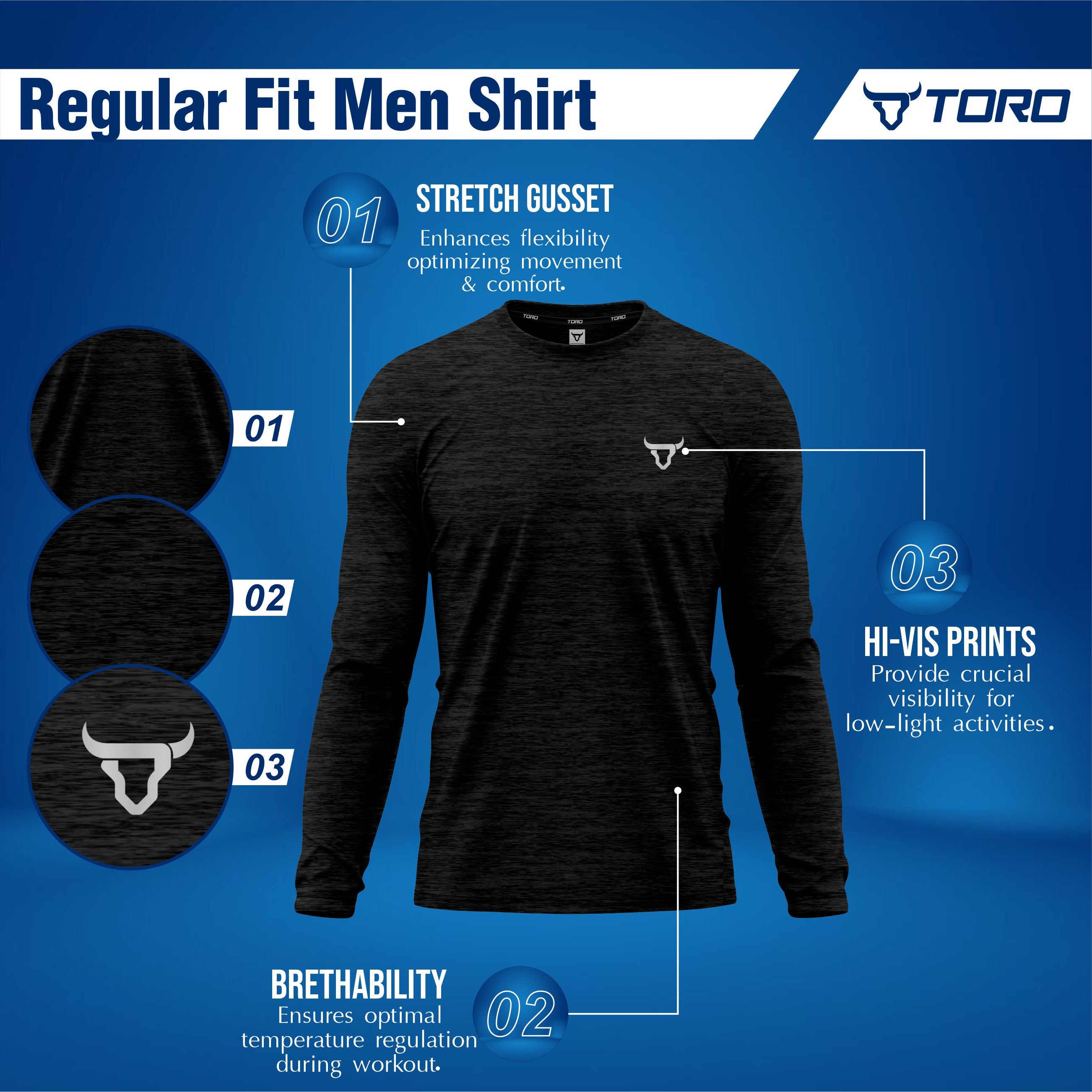 Toro Activa Mens Full Sleeve Dry-fit Shirt Melange Black