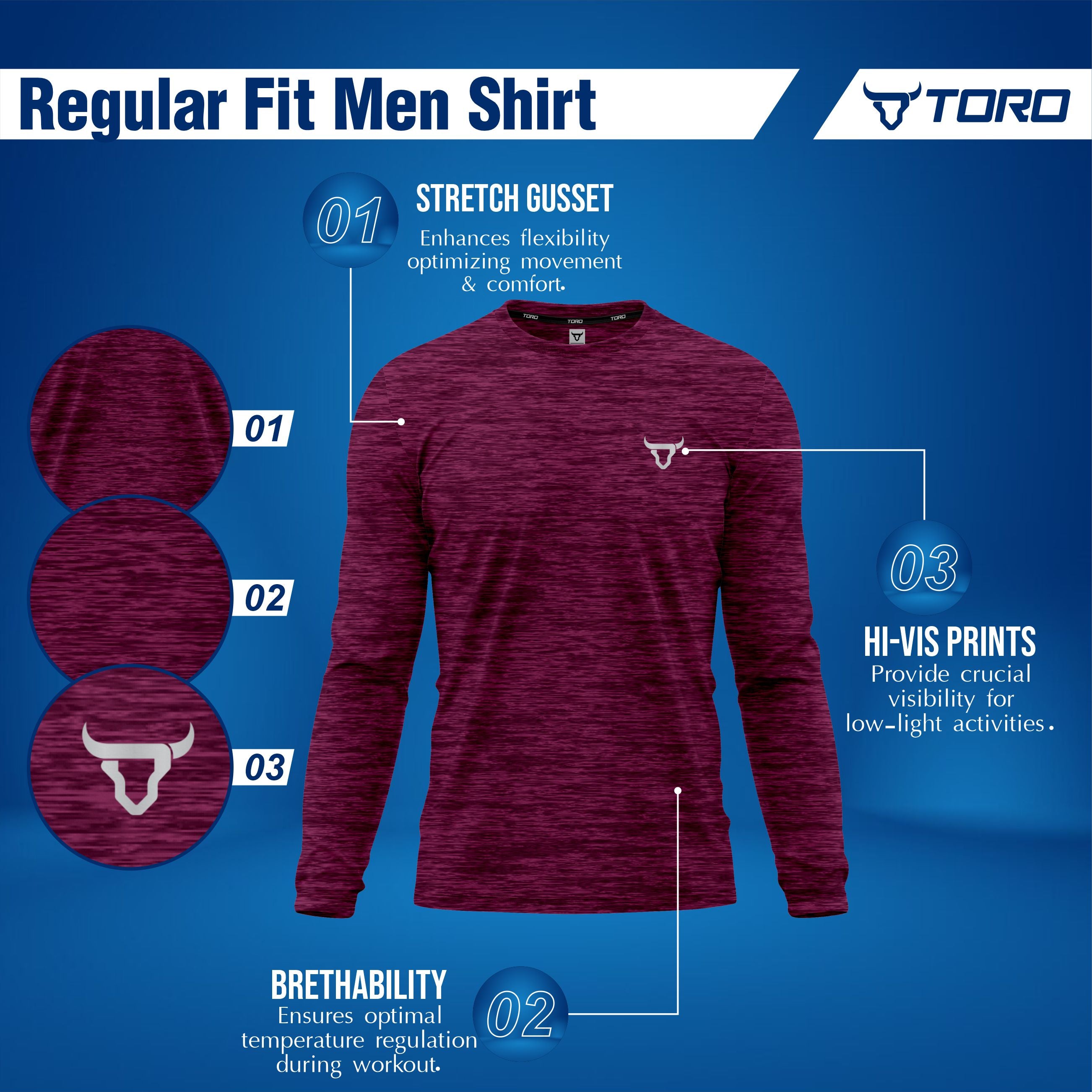 Toro Activa Mens Full Sleeve Dry-fit Shirt Melange Maroon