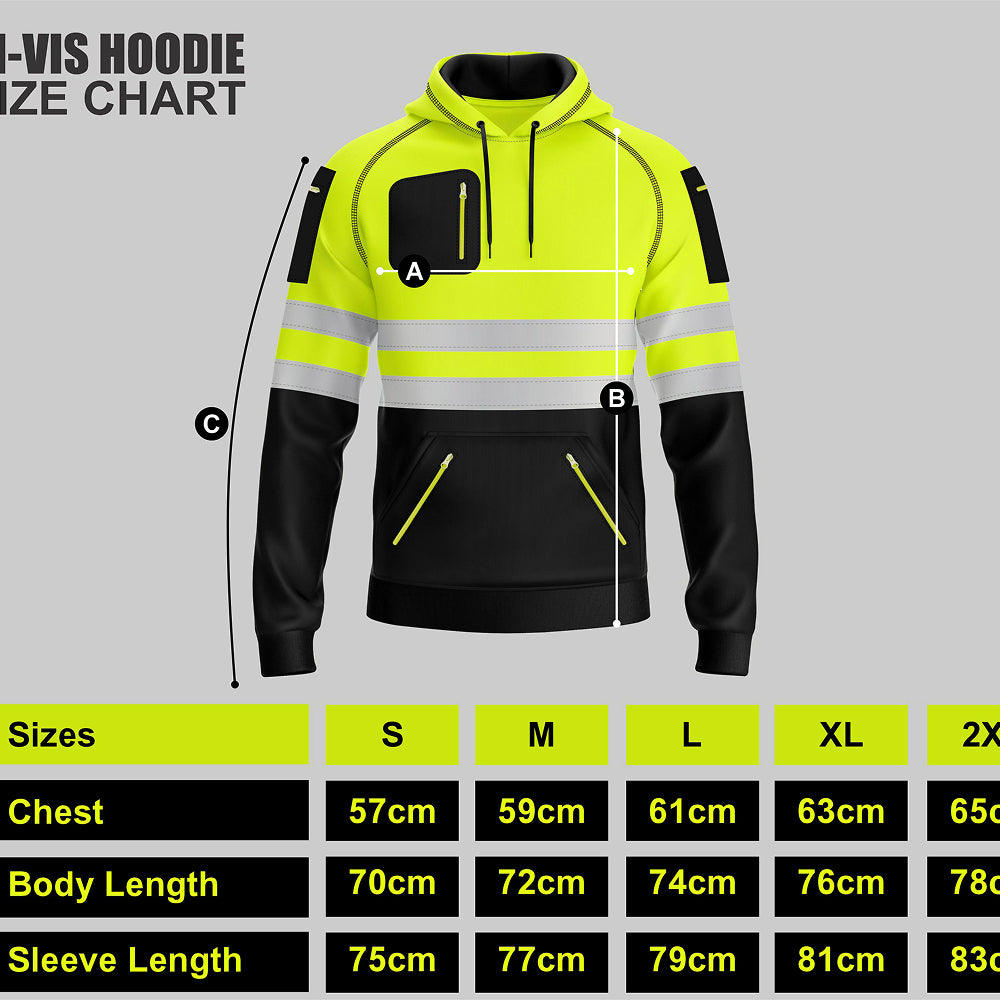 High-visibility hoodie with size chart on a gray background